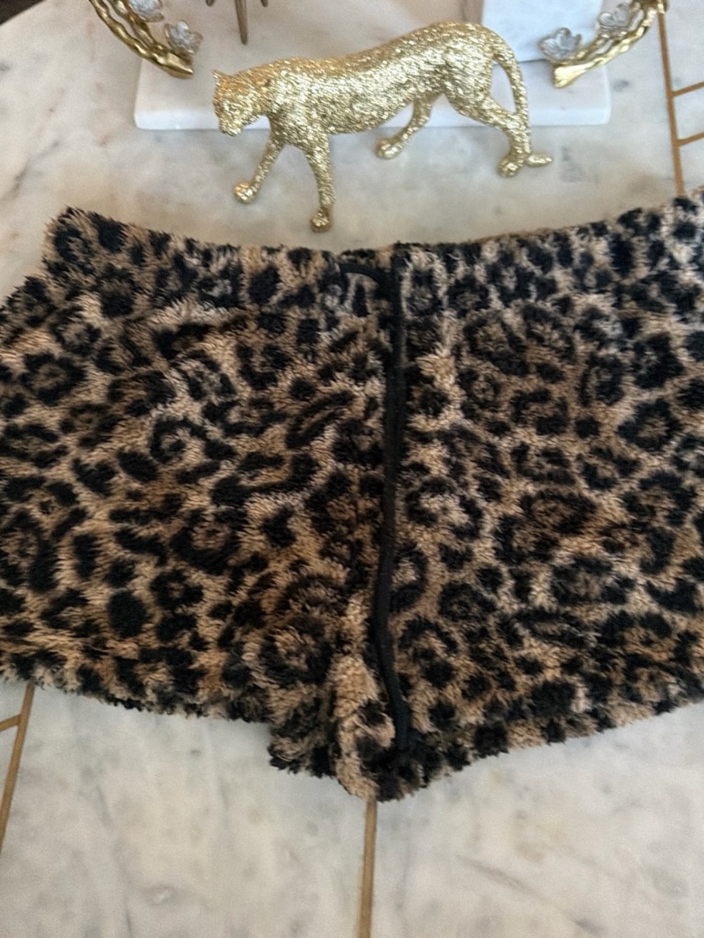 Leopard Print Fuzzy Women's Shorts - Taupe/Black